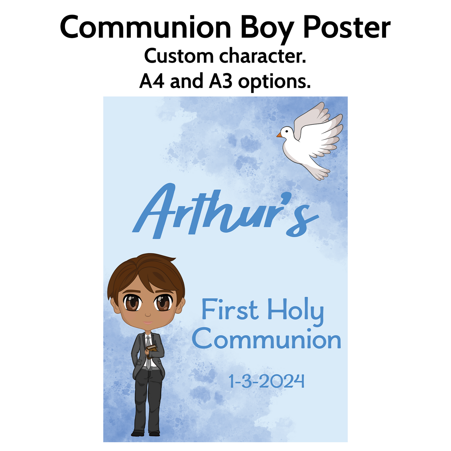 Personalised Blue First Holy Communion Poster (Custom Character)
