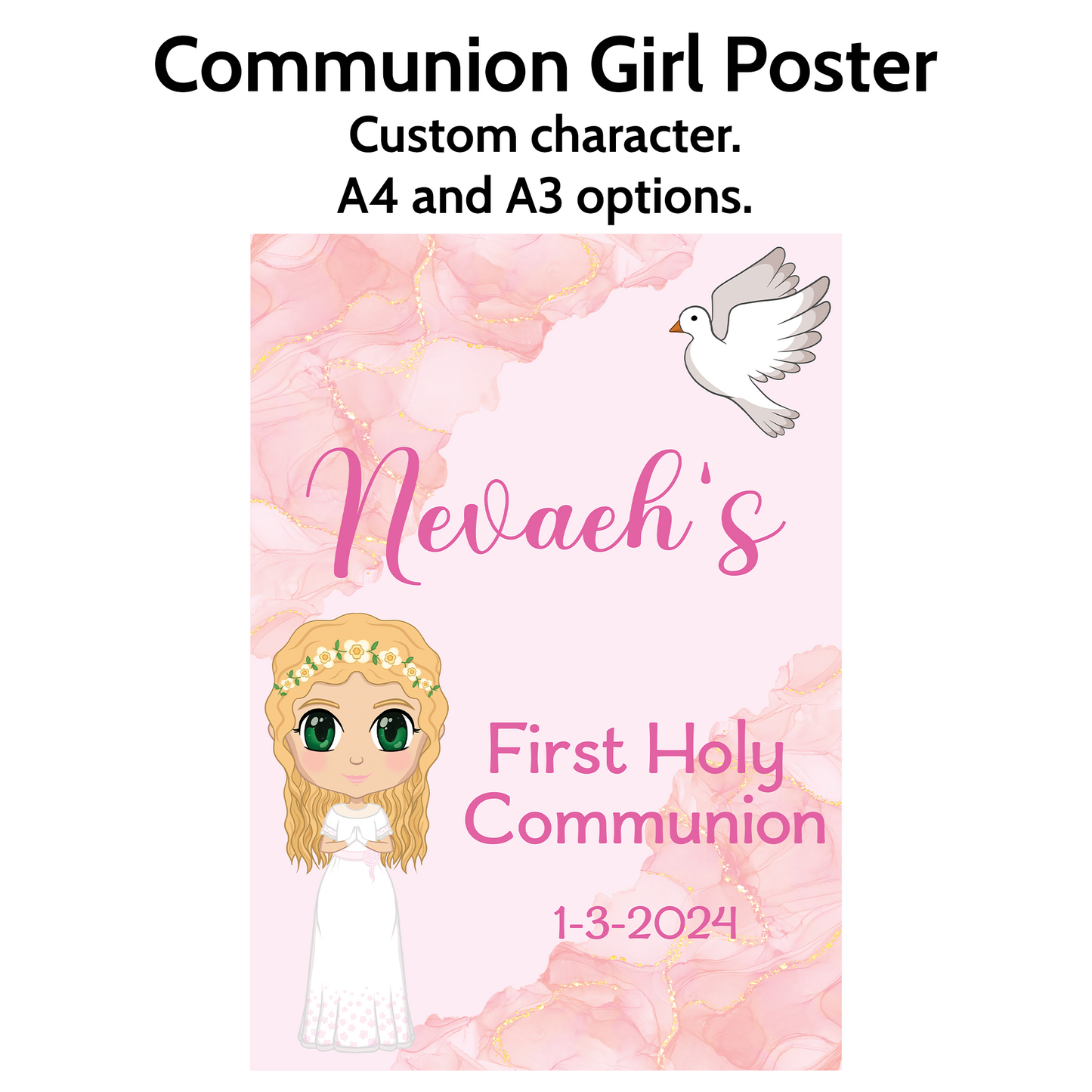 Personalised Pink First Holy Communion Poster (Custom Character)