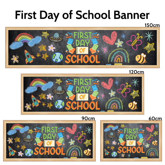 Celebrate the first day of school with this colourful chalkboard-style banner! Perfect for preschool or primary photo props. Available in 4 sizes. Ships rolled in a tube.